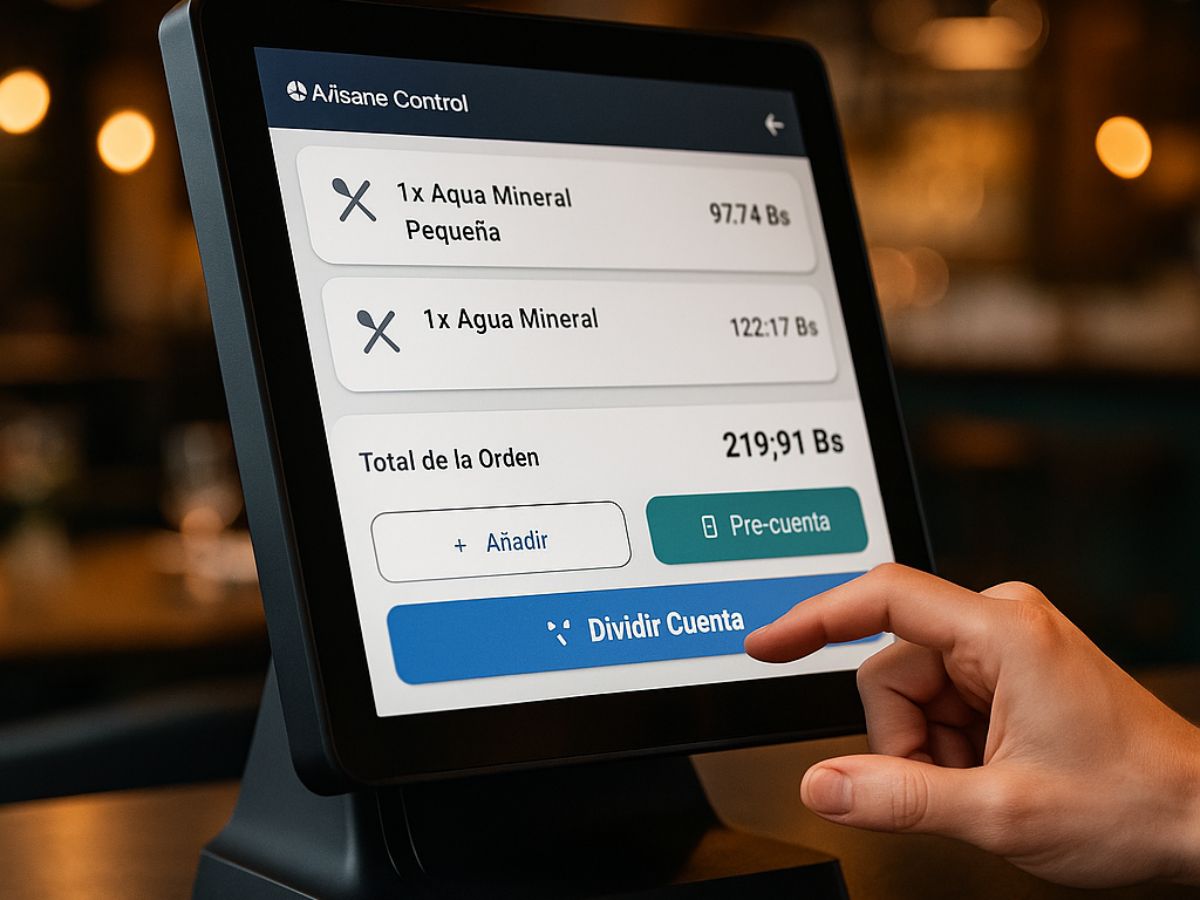 Pantalla de la caja con el sistema Avísame App mostrando ventas y mesas.